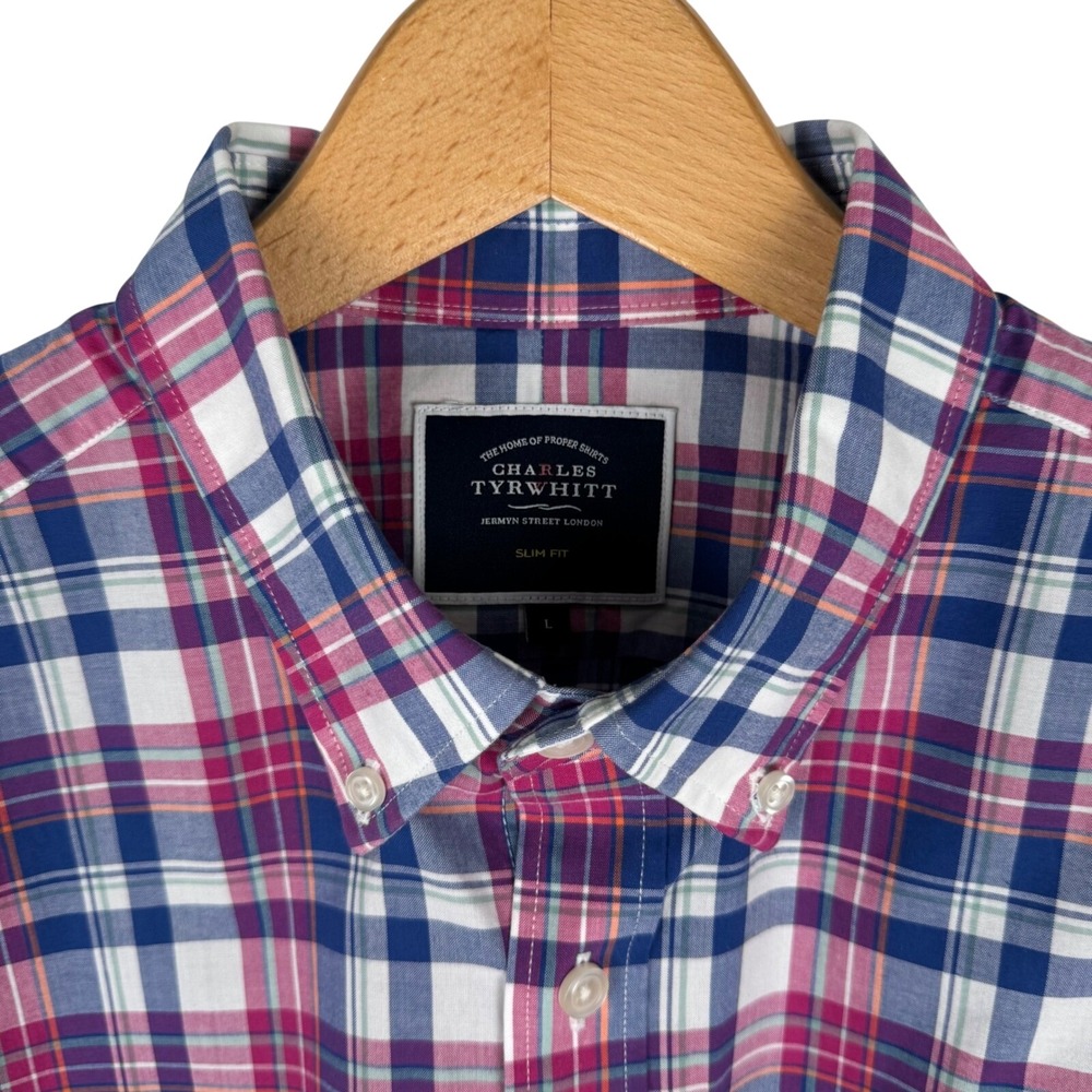 Charles Tyrwhitt Mens Slim Fit Plaid Button Down Shirt Blue Pink White Size L